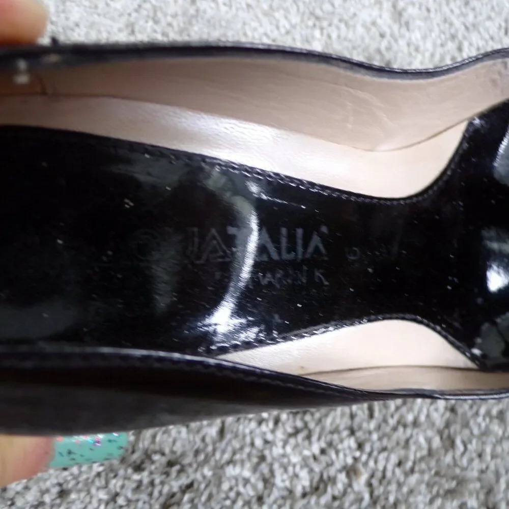 Aquatalia black patent leather peep toe wedges 6